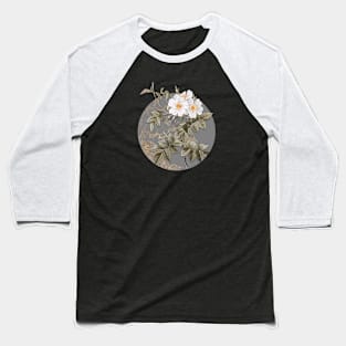 Vintage Blooming White Rosebush Botanical Illustration on Circle Baseball T-Shirt